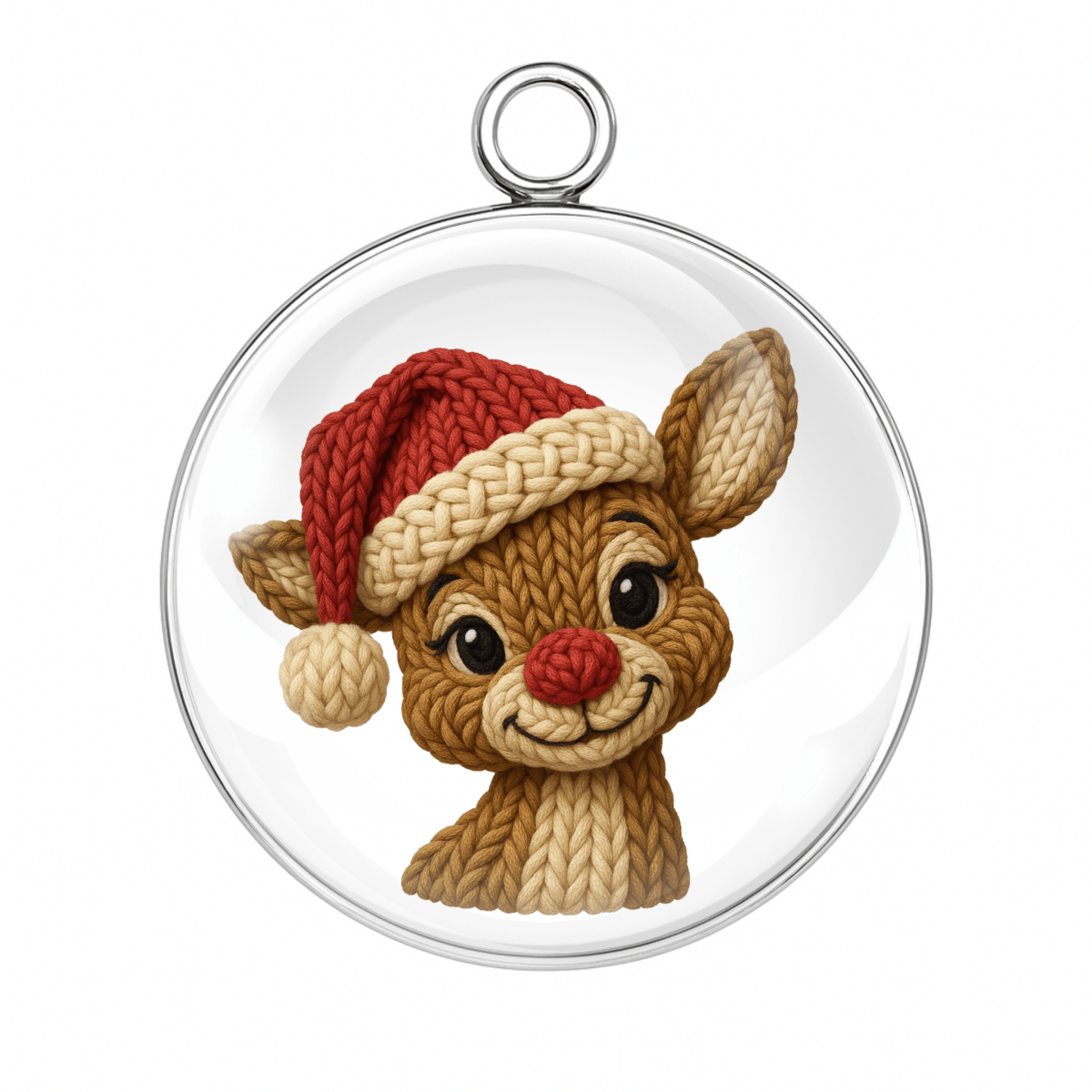 Knitted reindeer ornament with a Santa hat on a white background