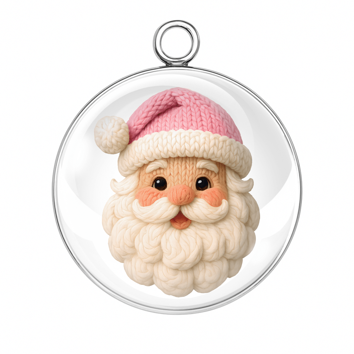 Knitted Santa Claus face ornament in a clear glass sphere on a white background