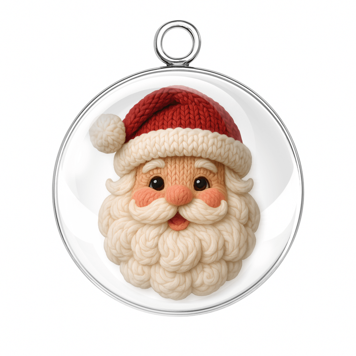 Knitted Santa Claus face ornament in a clear glass sphere on a white background