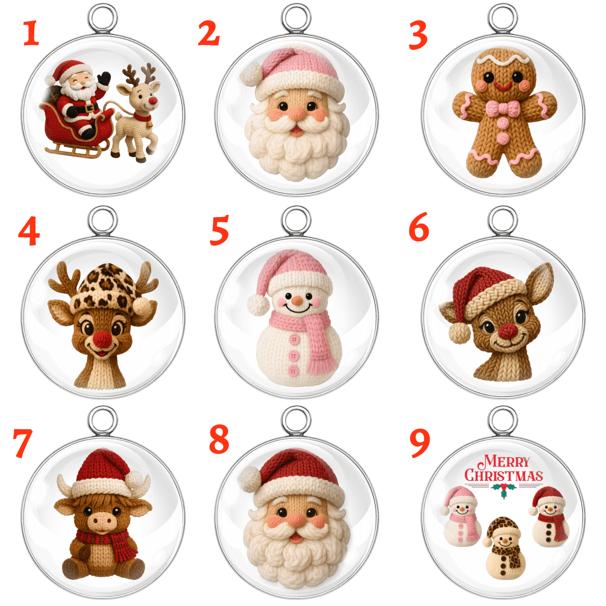 Nine Christmas-themed glass ornaments with various characters and designs.