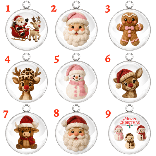 Nine Christmas-themed glass ornaments with various characters and designs.