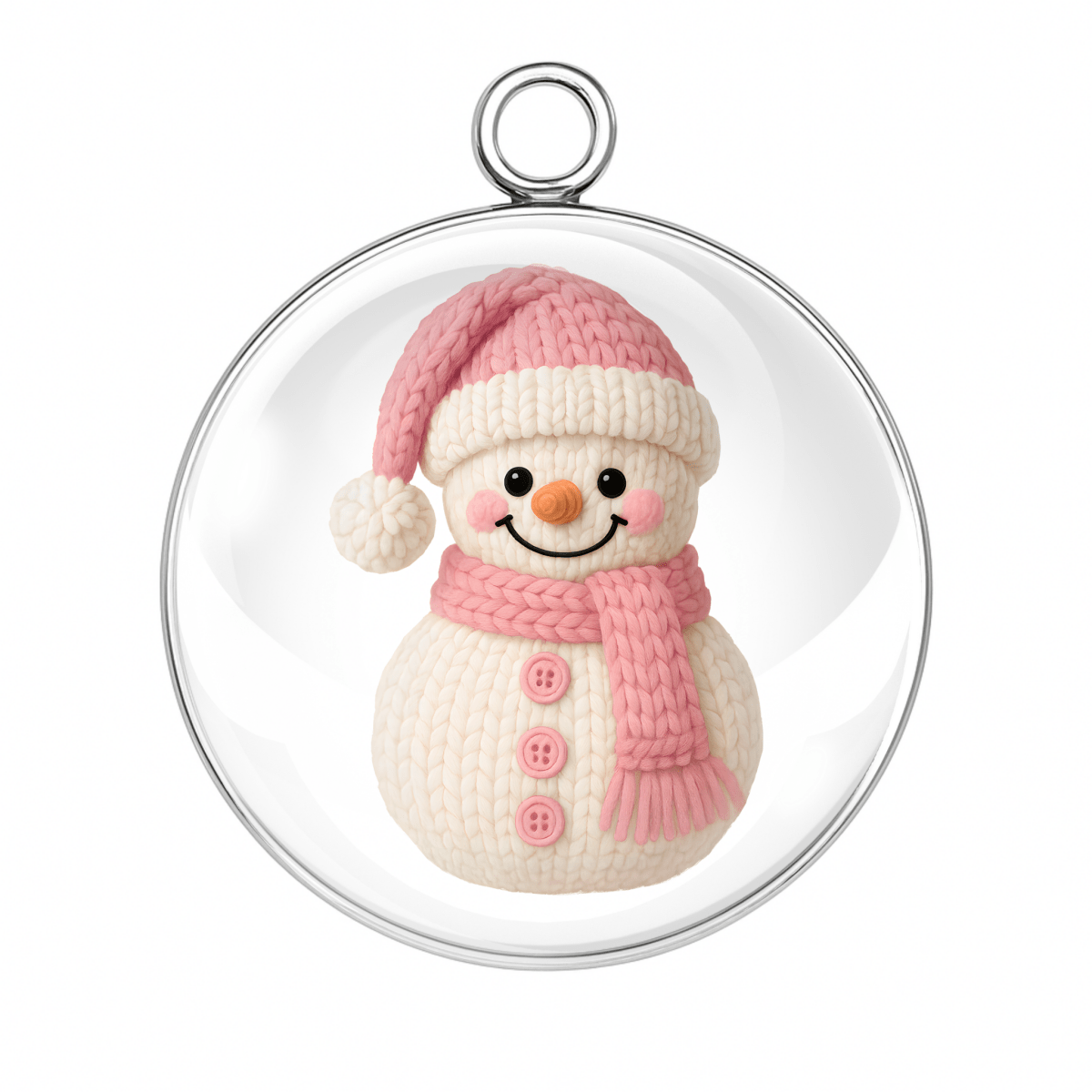Knitted snowman ornament with pink hat and scarf inside a clear glass sphere on a white background