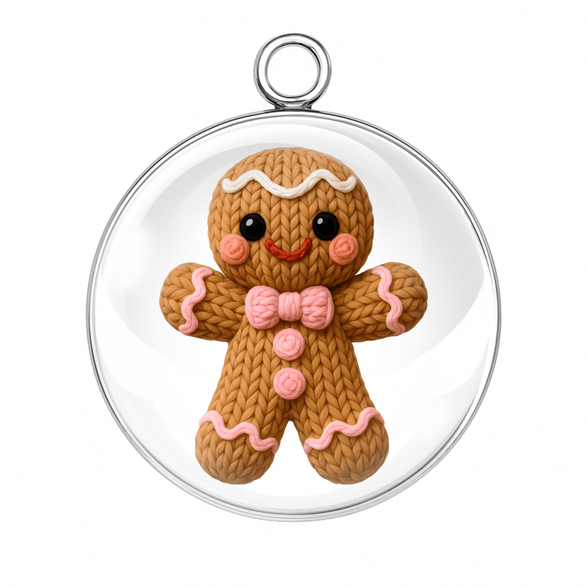 Knitted gingerbread man ornament in a clear glass sphere on a white background