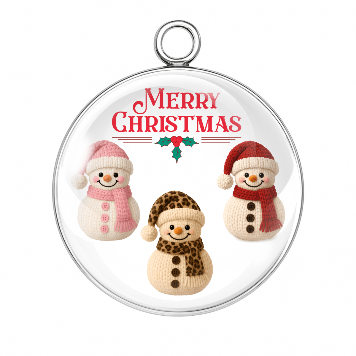 Decorative Christmas ornament with three snowmen wearing different hats and scarves, and 'Merry Christmas' text.