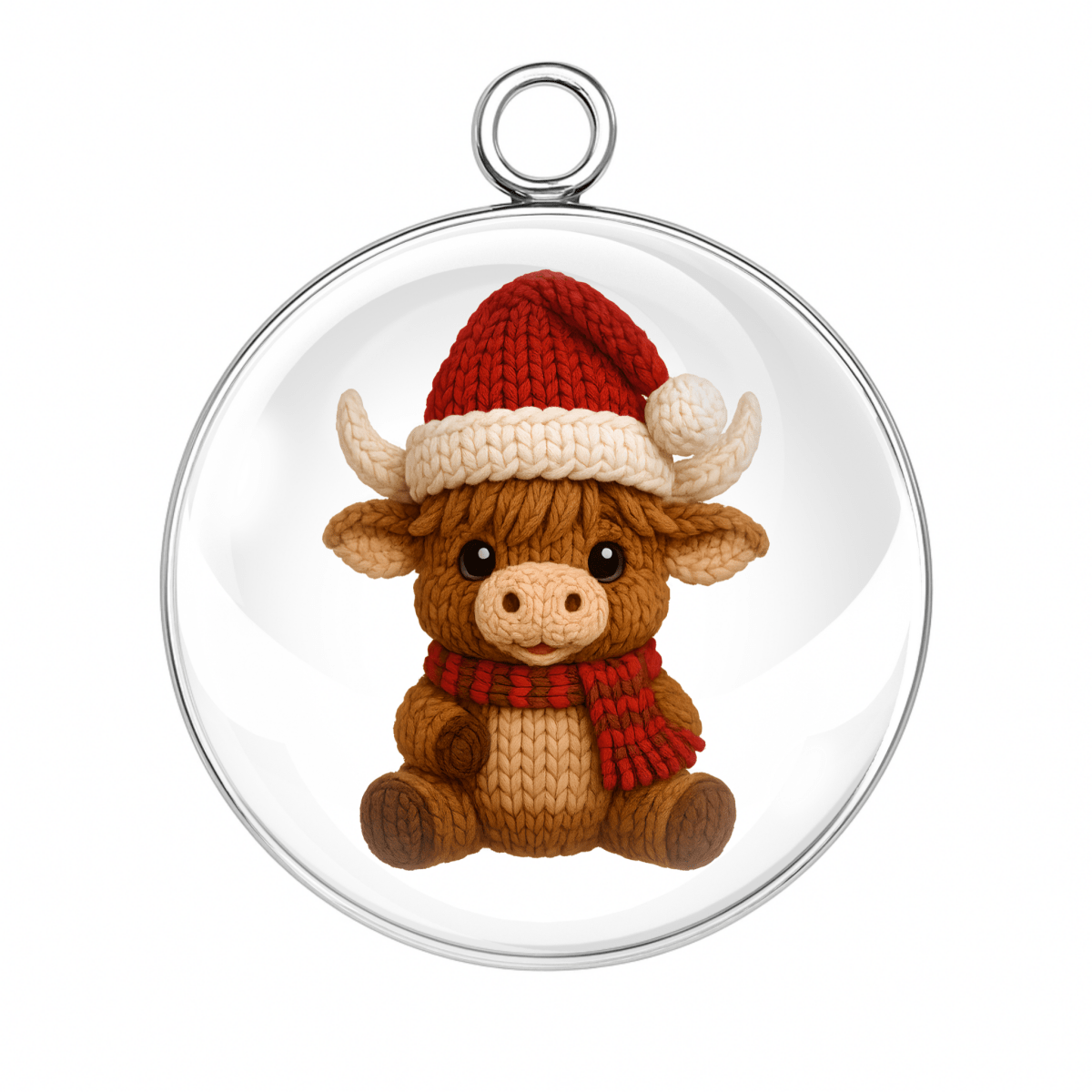 Knitted Highland cow ornament with a Santa hat and scarf inside a clear glass sphere on a white background.