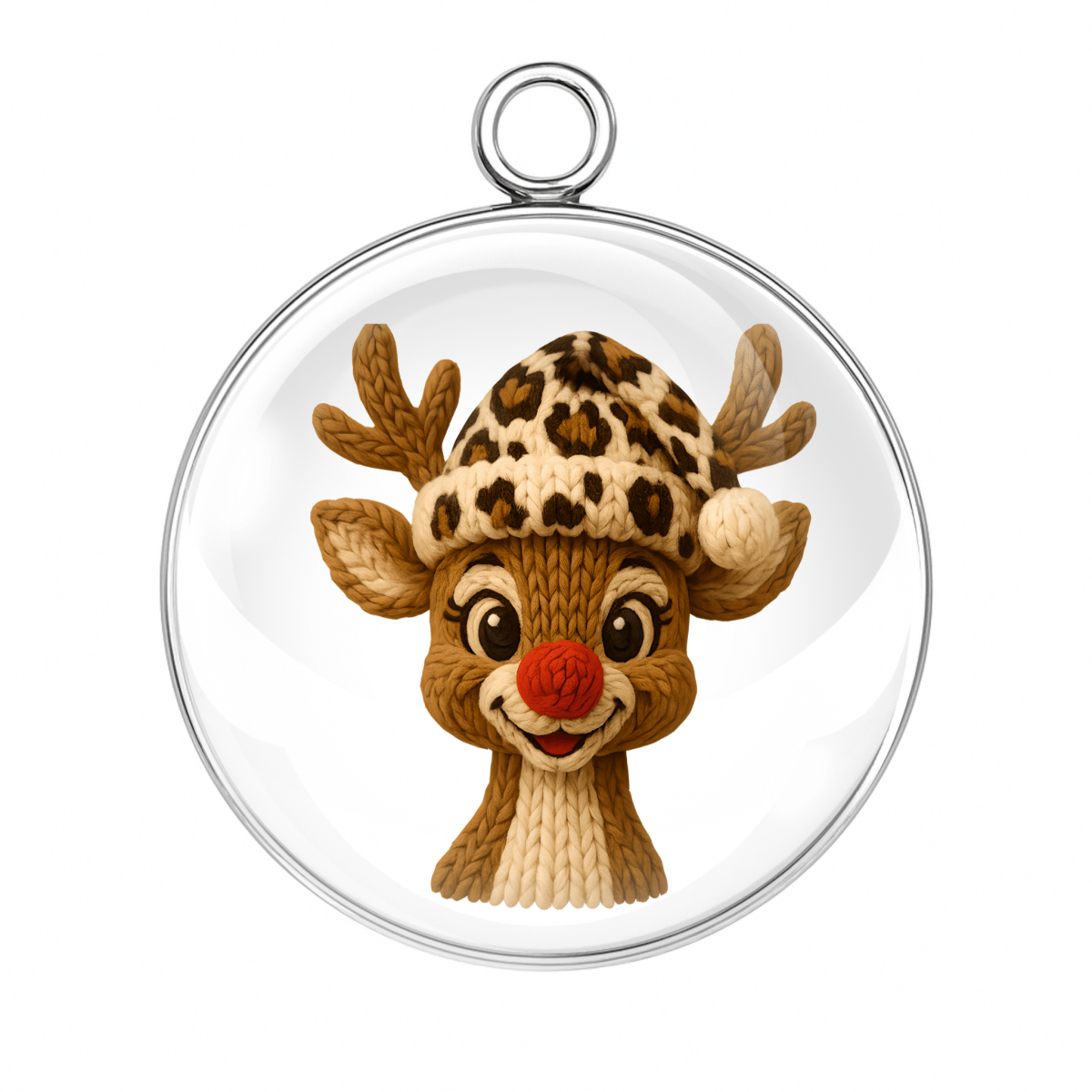 Knitted reindeer ornament with leopard print hat inside a clear sphere on a white background