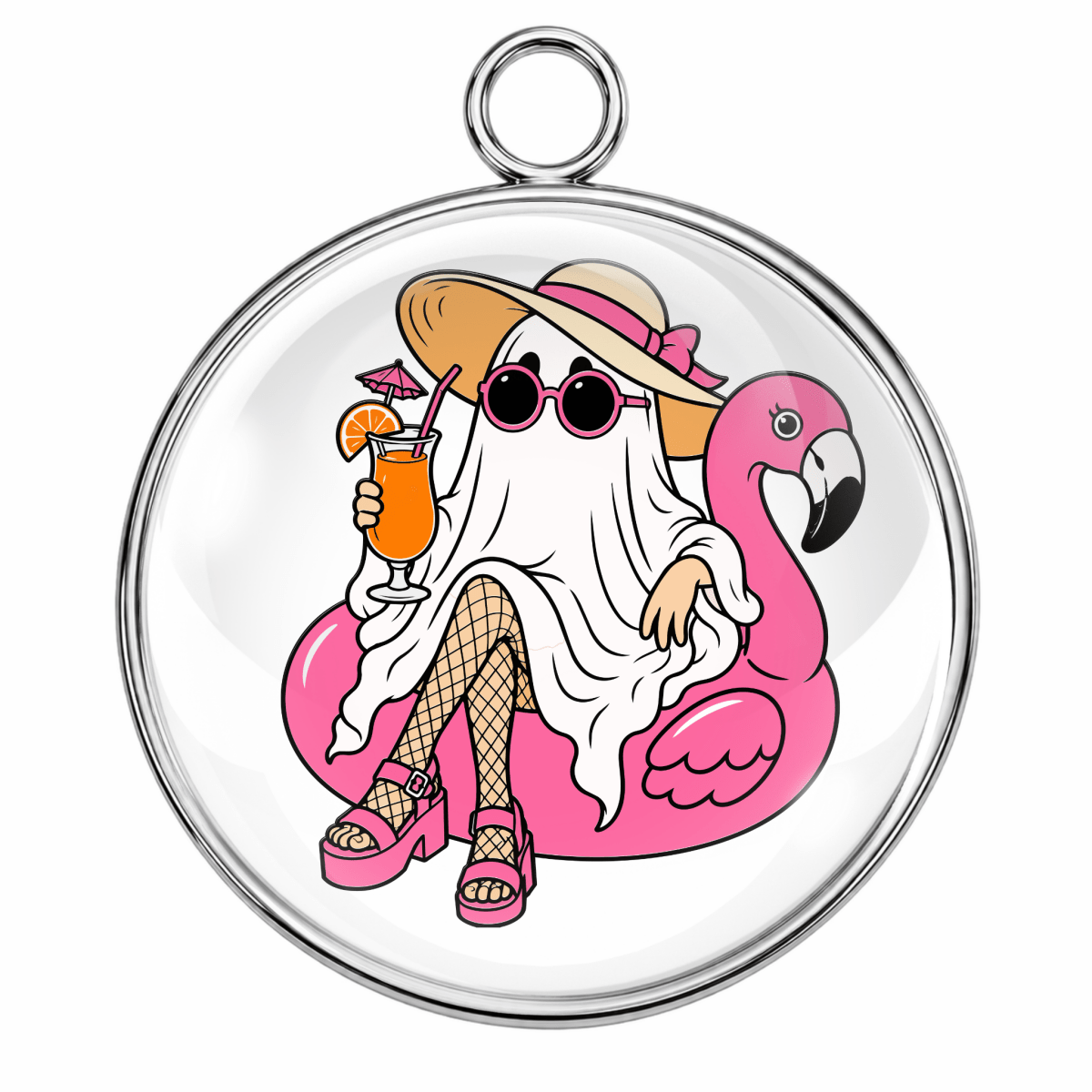 A round silver-toned pendant or charm with a clear domed surface featuring a cartoon illustration of a ghost dressed as a woman, wearing a straw hat, sunglasses, fishnet stockings, pink platform sandals, and sitting on a pink flamingo float while holding an orange cocktail.