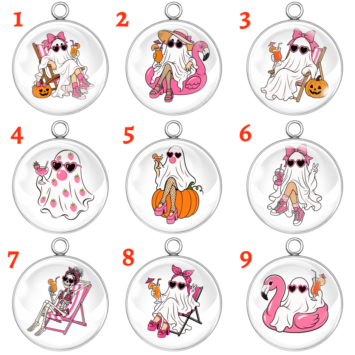 Nine circular pendant designs arranged in a 3x3 grid on a white background, each with a red number label at the top left. The pendants feature cartoon ghost characters in Halloween-themed outfits, including flamingos, pumpkins, chairs, drinks, and bows.