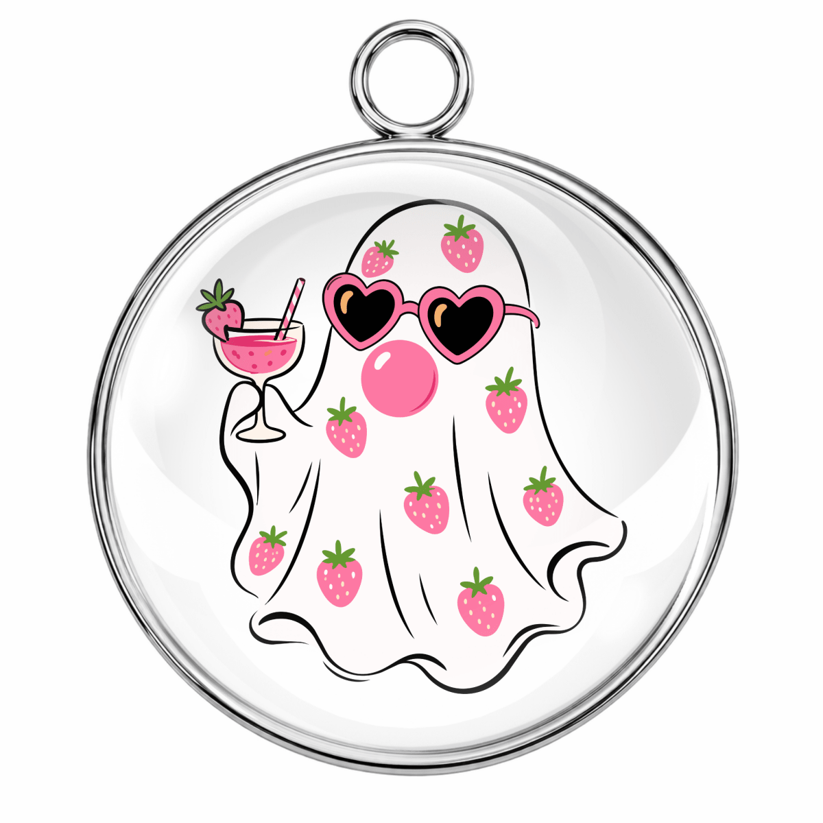 A round silver-toned pendant charm featuring a cartoon ghost wearing pink heart-shaped sunglasses and holding a pink drink, with scattered pink strawberries on a white background.