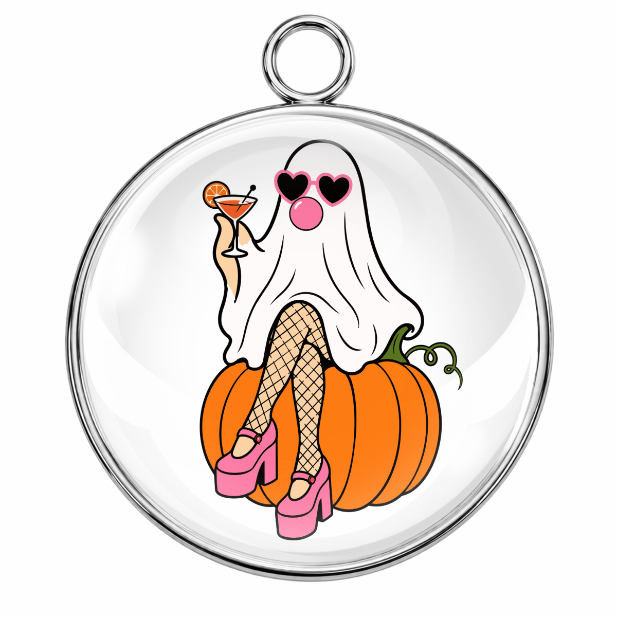 A round silver-toned pendant or charm with a clear domed surface featuring a cartoon illustration of a ghost-like woman sitting on an orange pumpkin, wearing pink heart-shaped sunglasses and pink high heels, against a plain white background.