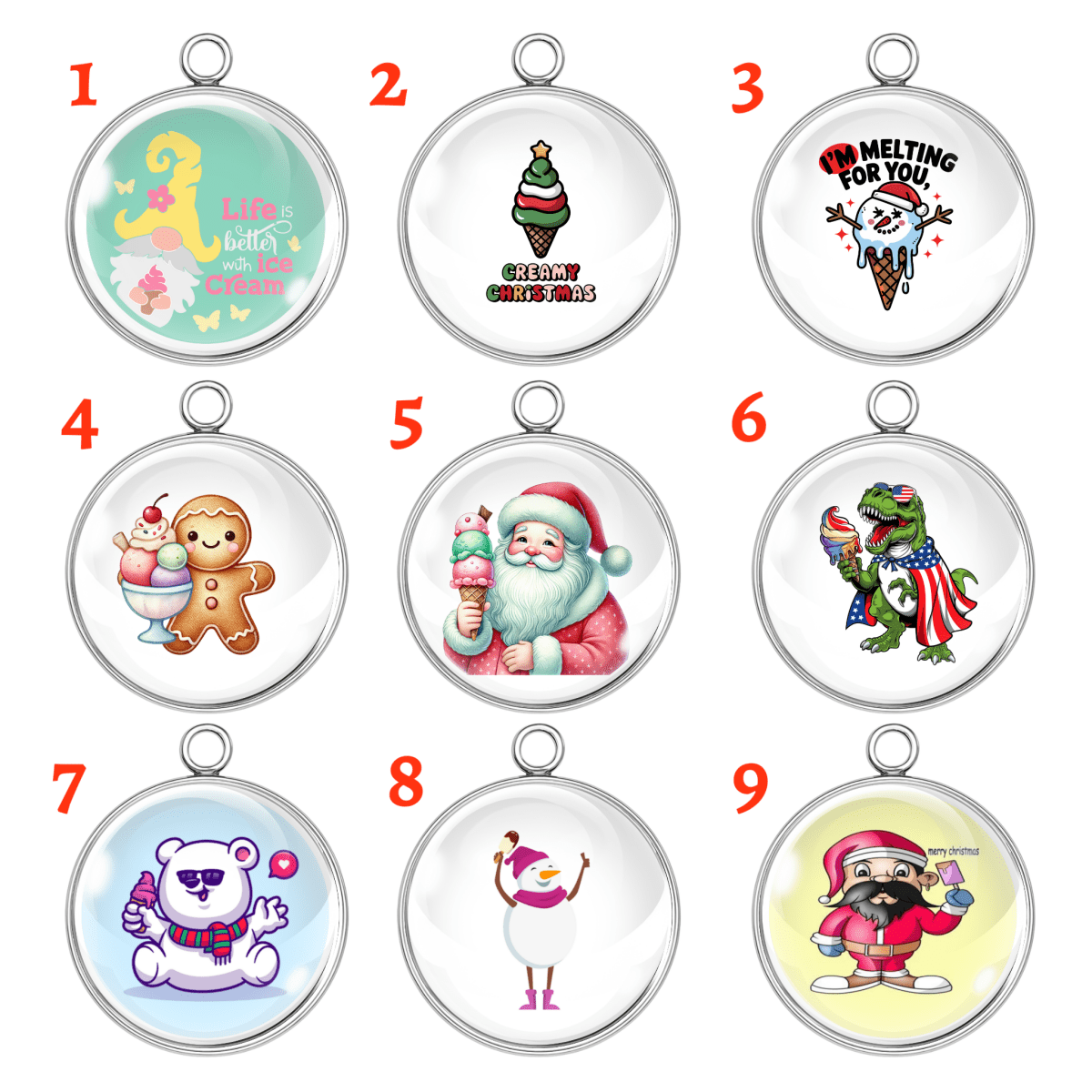 Ice Cream Christmas handmade charm collection featuring Santa, snowmen, and sweet treats