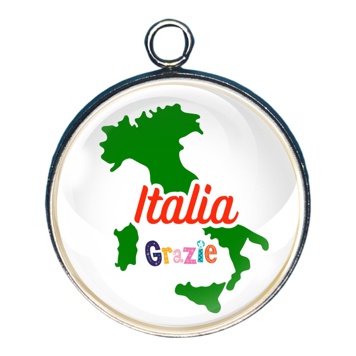 charm depicting a map of Italy and the words Italia and Grazie