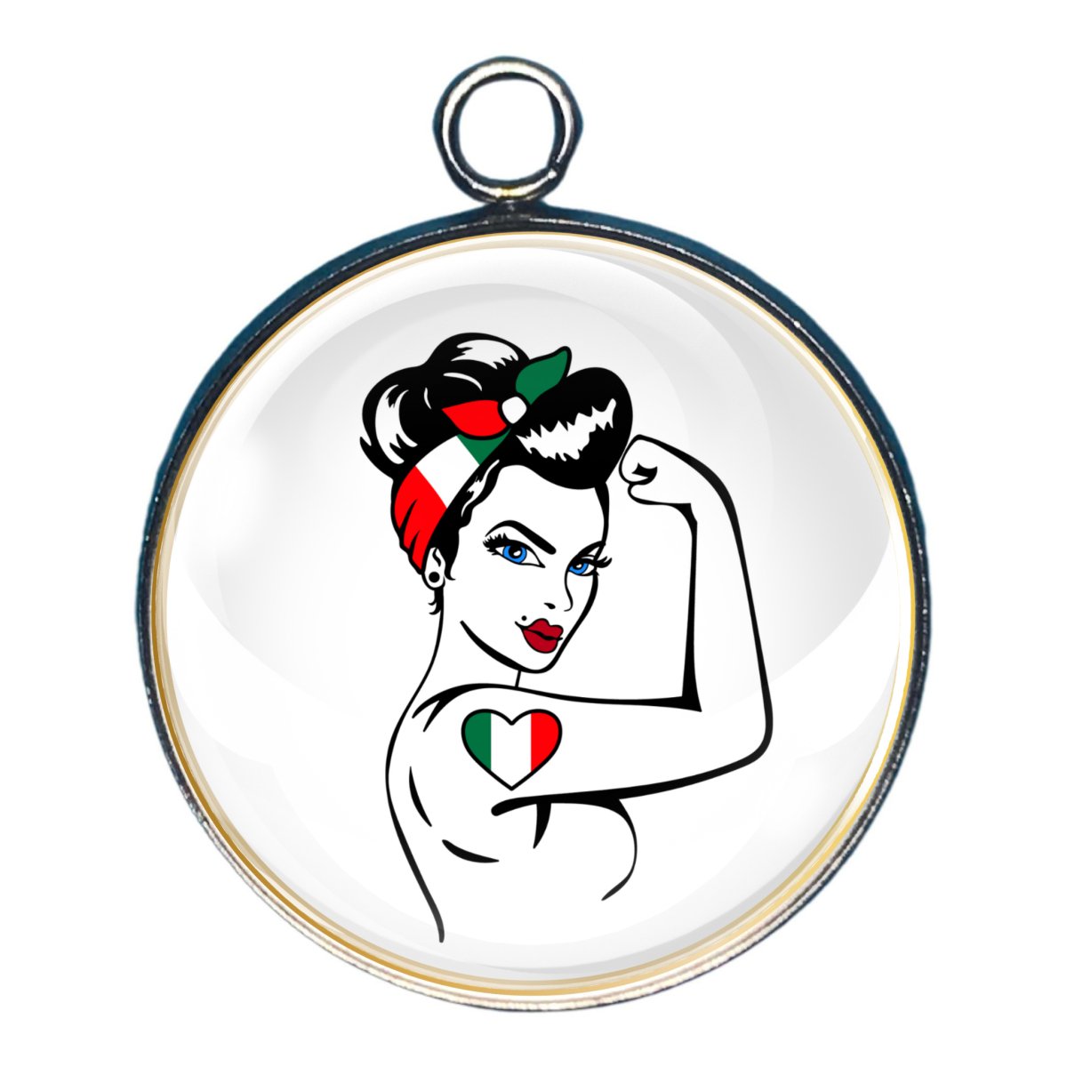 Charm depicting a woman in a messy bun and tatoo of a heart in the Italian flag colors