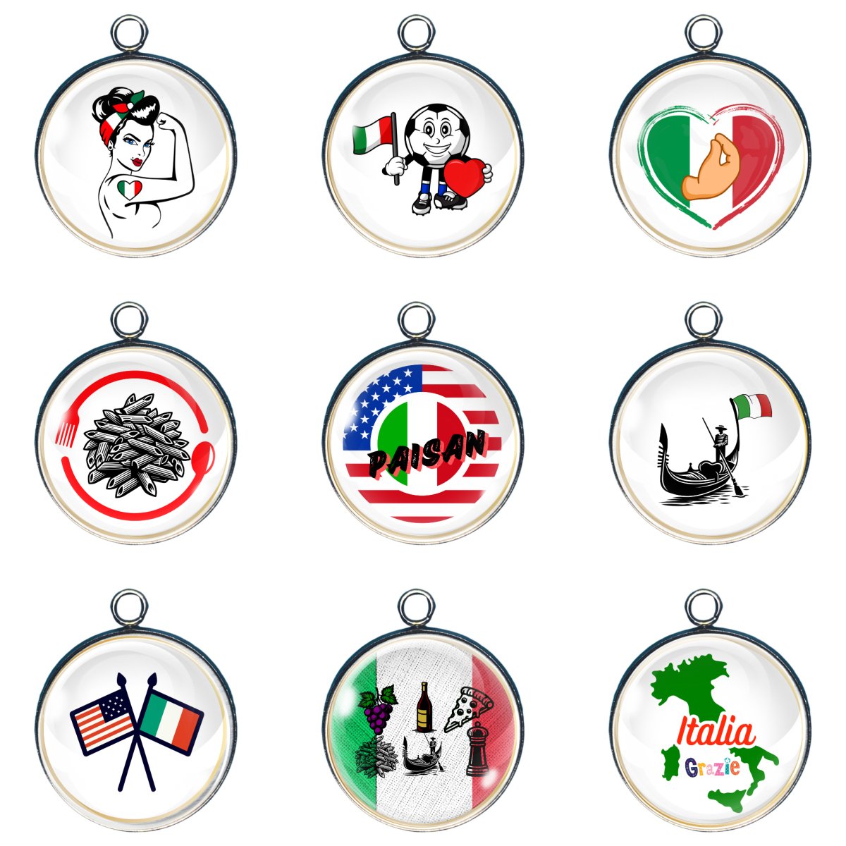 Group of 9 charms celebrating Italian cultere