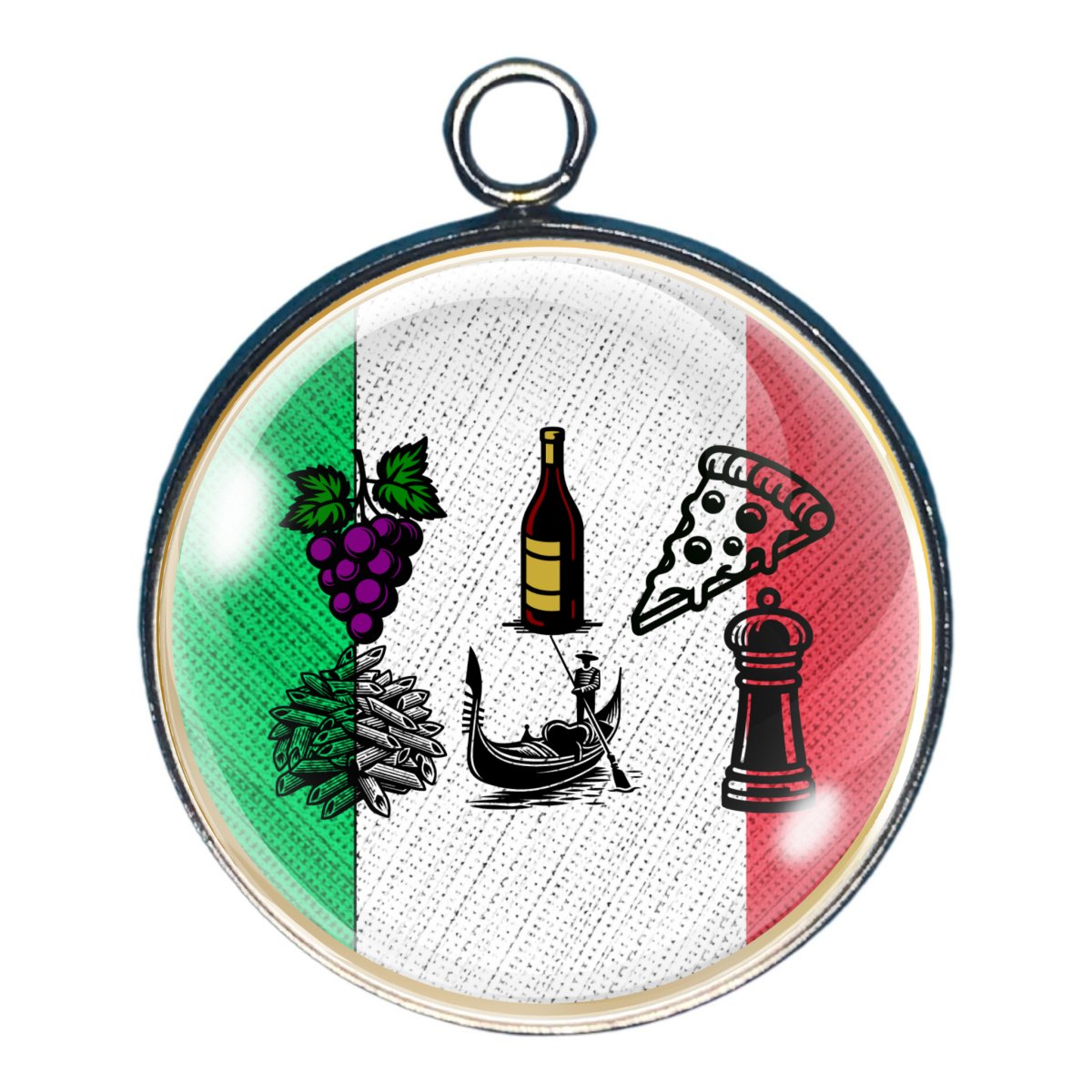 charm with the Italian Flag colors with graphics of grapes, wine, pizza, a pepper grinder, penne pasta, and a gondola