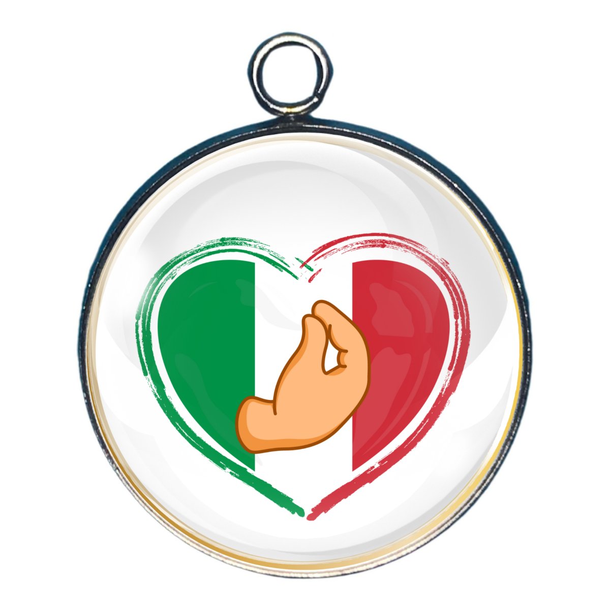 charm depicting a heart in the Italian Flag colors with a hand in the pinched finger guesture