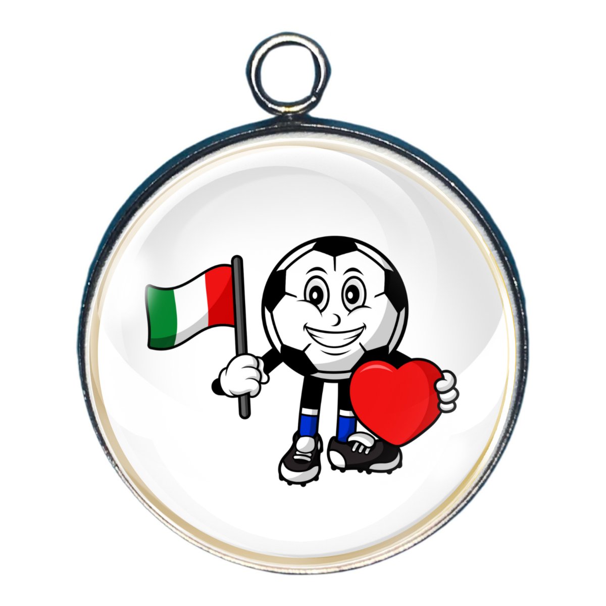 charm depicting a soccer ball as a person holding a flag and a heart