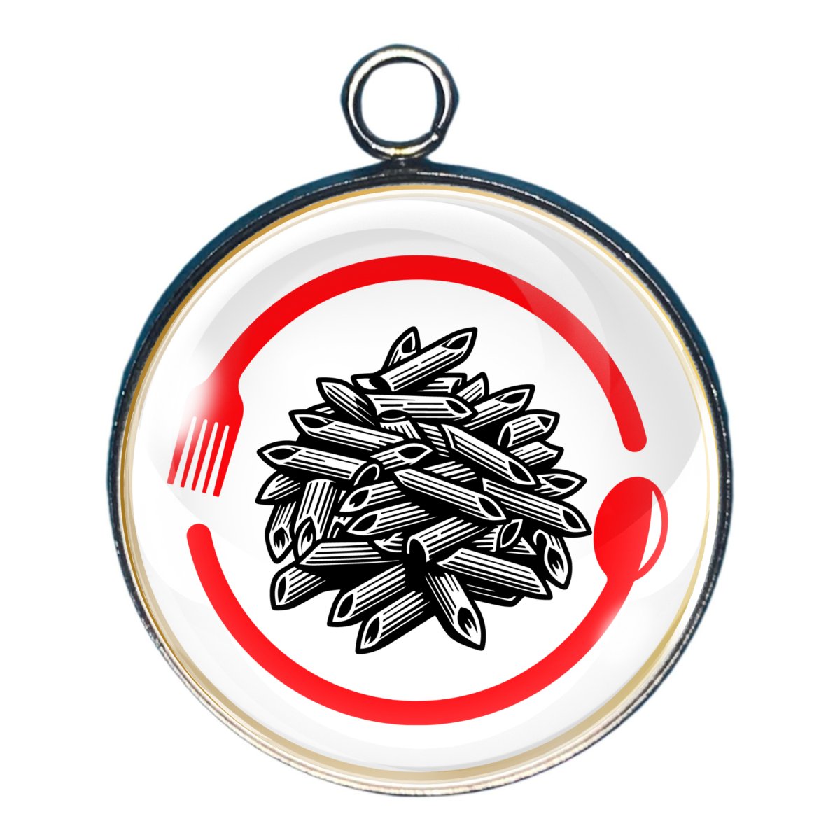 Charm depicting penne pasta encircled in a fork and spoon