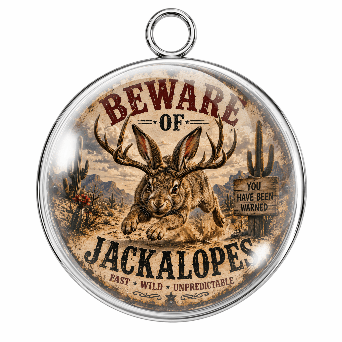 A round pendant with a western-themed jackalope rabbit design and the text 'BEWARE OF JACKALOPES' on a white background.