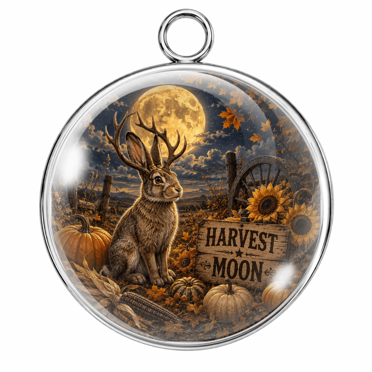 Round silver-toned pendant with a clear domed cover featuring an autumn scene: a deer rabbit with antlers, pumpkins, sunflowers, a wagon wheel, and a sign reading “Harvest Moon” under a large full moon.