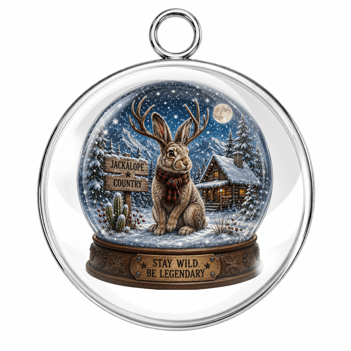 A round glass snow globe ornament with a silver metal rim and hanging loop, featuring a winter scene with a jackalope rabbit, snowy cabin, moon, and sign reading 'Jackalope Country.' The base says 'Stay Wild Be Legendary.