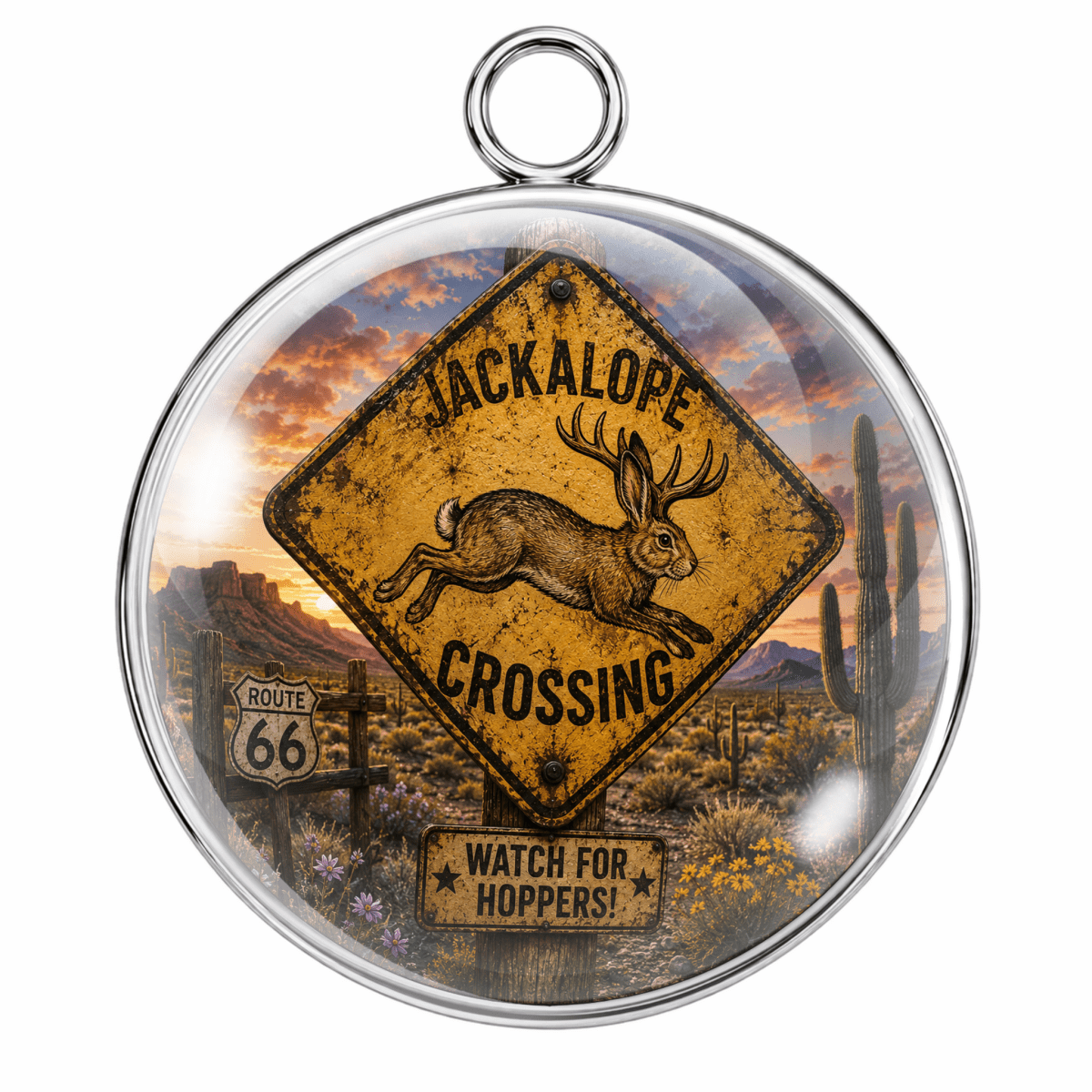 Round glass pendant featuring a vintage-style Jackalope Crossing sign with a rabbit illustration, desert landscape background, and a silver-tone hanging loop at the top.
