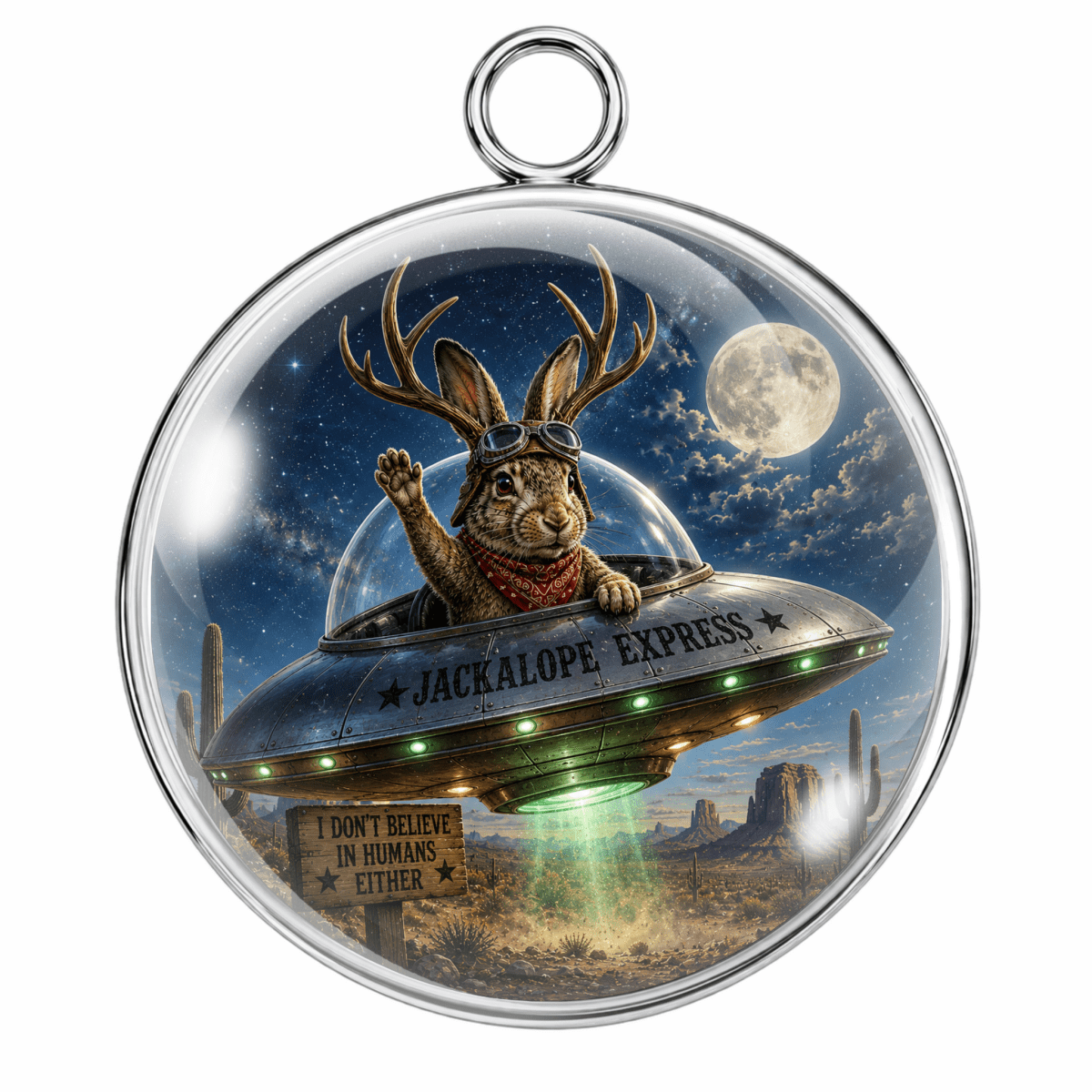 Round silver pendant with a detailed illustration of a rabbit wearing deer antlers and goggles, flying in a spaceship labeled 'JACKALOPE EXPRESS' over a desert landscape under a full moon.