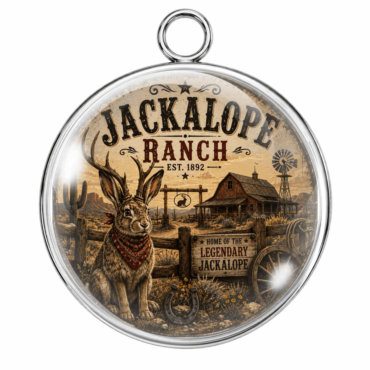 Round cabochon pendant featuring a vintage-style western illustration of Jackalope Ranch with a jackalope rabbit, barn, windmill, and rustic signage, framed in a silver-toned metal border with a hanging loop.