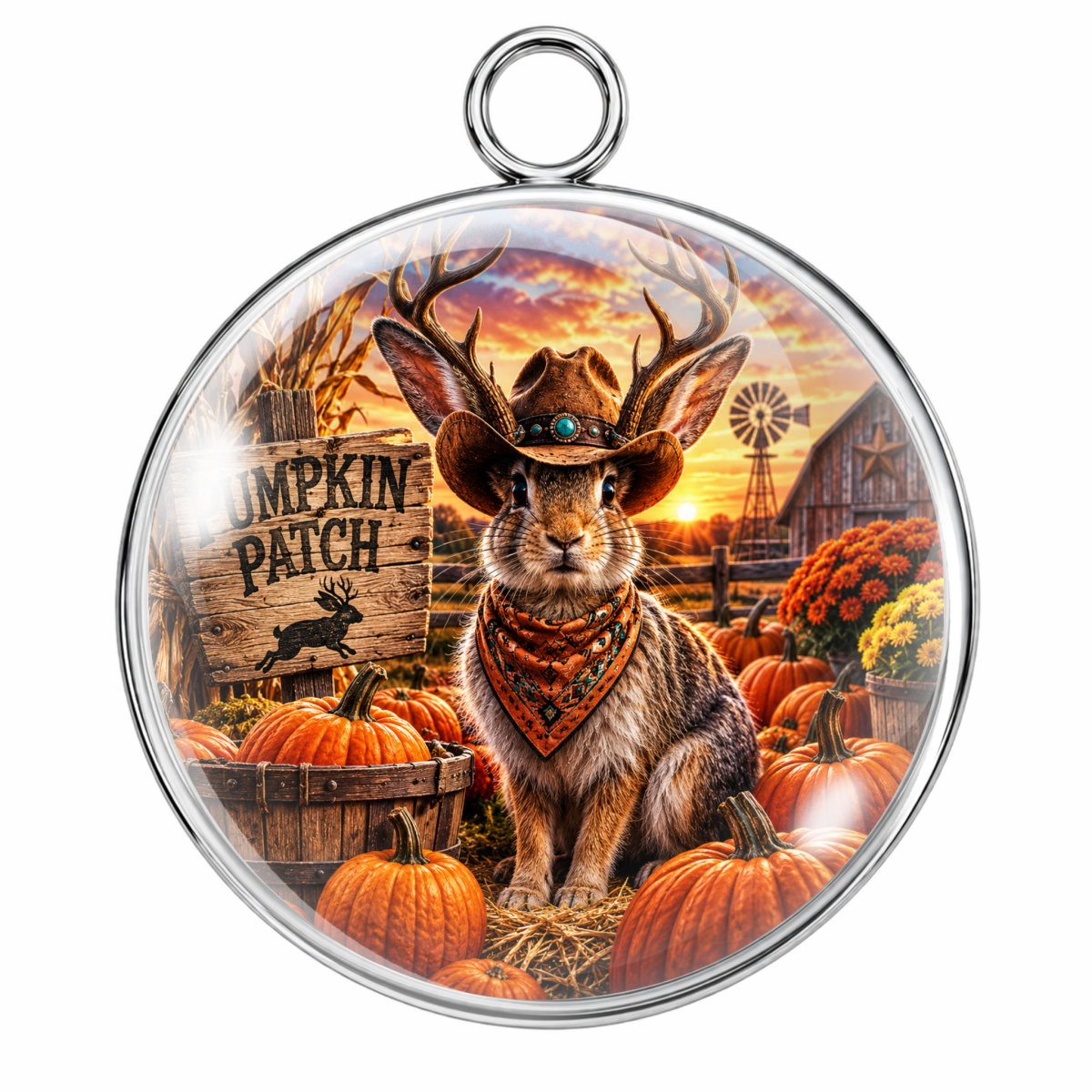 Round silver-toned pendant with a clear domed insert featuring a fall harvest scene with a rabbit wearing a cowboy hat and bandana, surrounded by pumpkins, a wagon, a wooden sign reading 'Pumpkin Patch,' and a sunset sky.