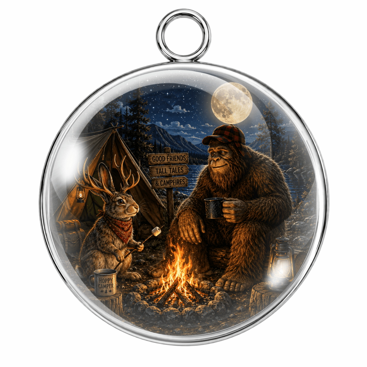 A round glass pendant with a silver metal rim and hanging loop, featuring a whimsical camping scene with Bigfoot, a deer, a lantern, and a campfire under a full moon.