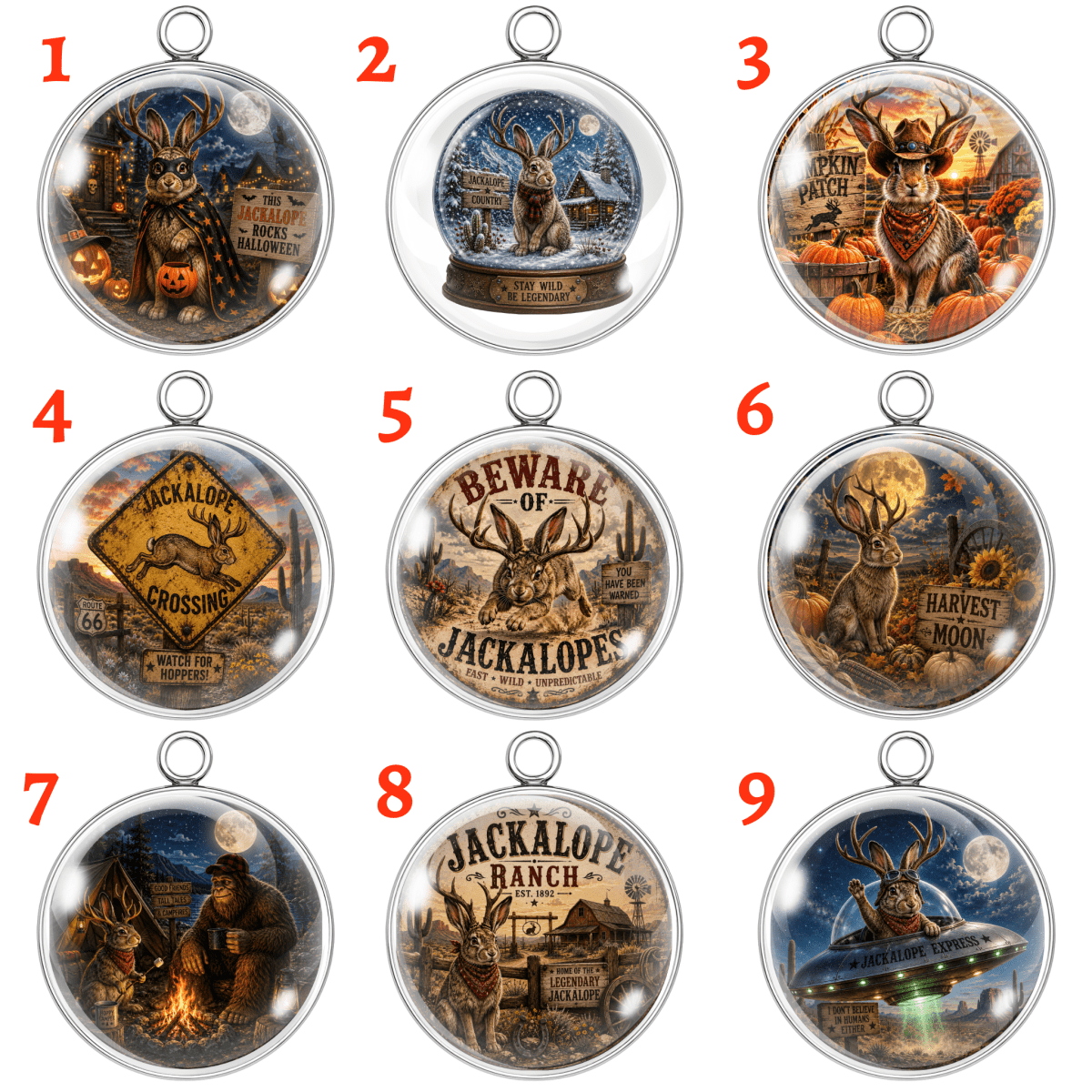 Nine numbered oval pendant charms featuring Jackalope-themed illustrated scenes, arranged in a 3x3 grid on a white background. Each charm has a silver-toned border and a small hanging loop at the top.