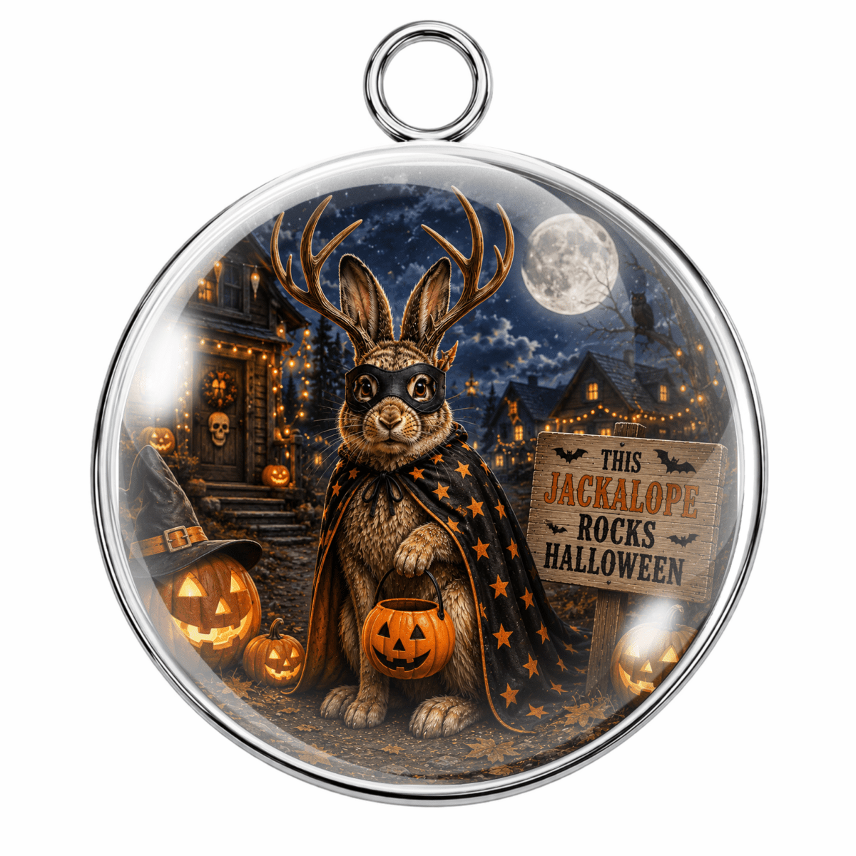 Round silver-toned pendant with a clear domed insert featuring a whimsical Halloween scene of a jackalope rabbit in a starry cape holding a pumpkin, with jack-o'-lanterns, a full moon, and a sign reading 'THIS JACKALOPE ROCKS HALLOWEEN'.