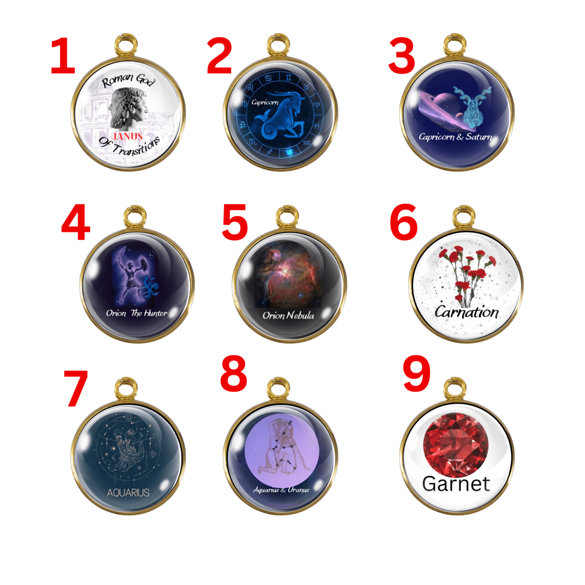 Charms of the complete January collection featuring zodiac, constellations, mythology, carnation, and garnet designs.