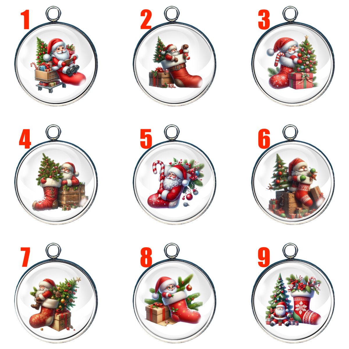 Group of 9 charms featuring Santa and Christmas stockings