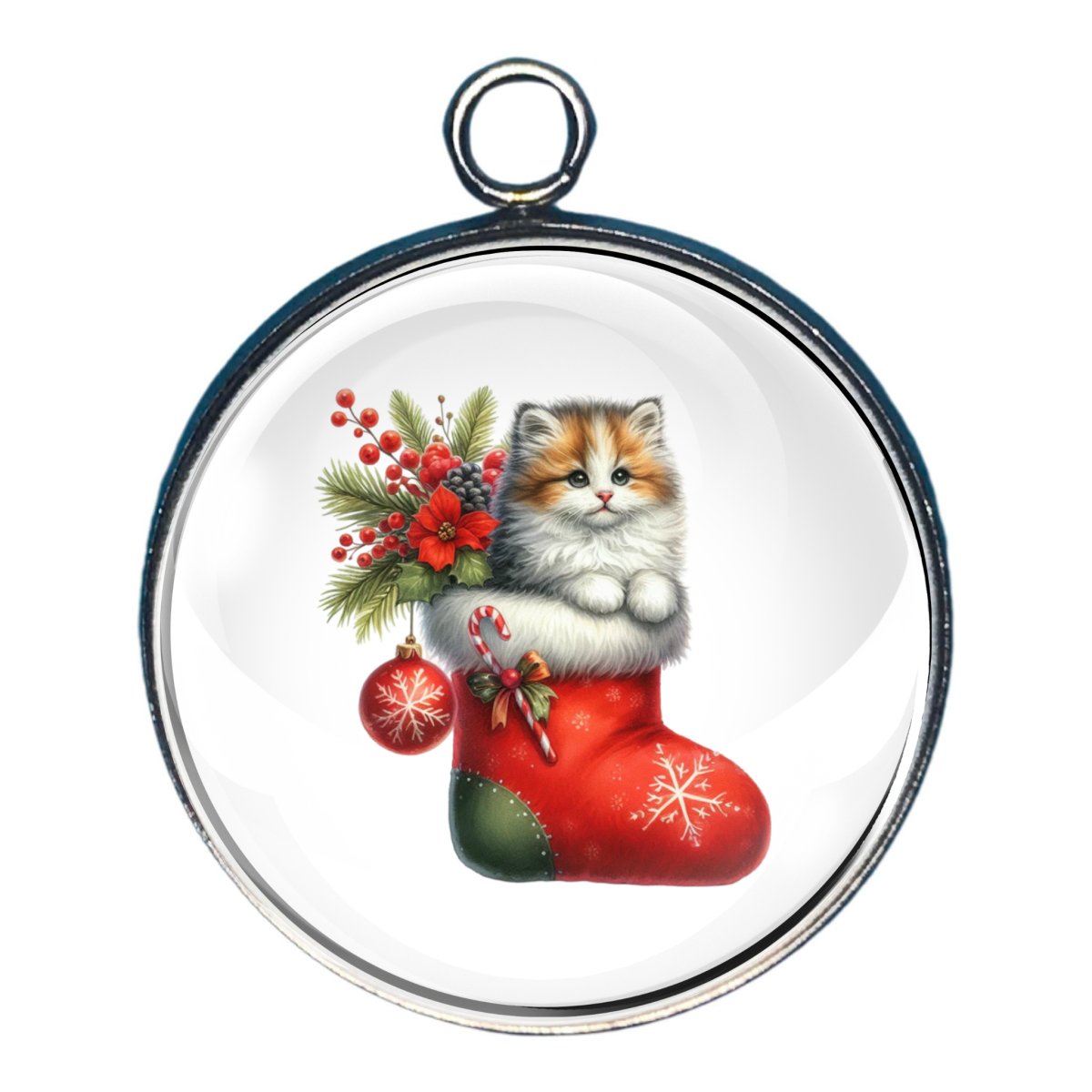 Kitty Christmas Stocking Glass Cabochon Charm