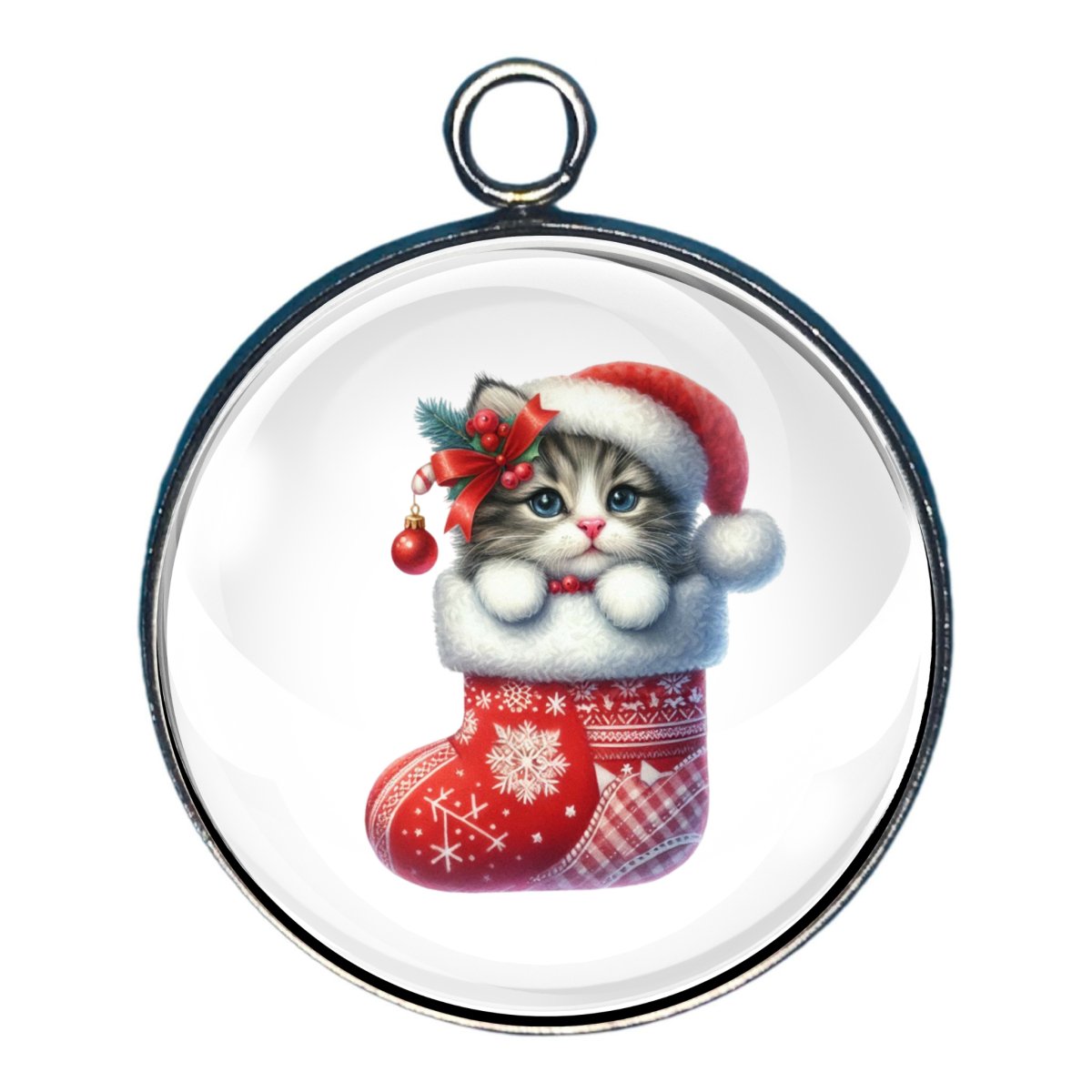 Kitty Christmas Stocking Glass Cabochon Charm