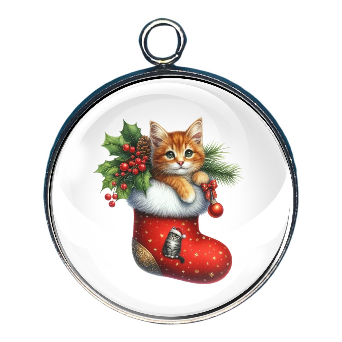 Kitty Christmas Stocking Glass Cabochon Charm