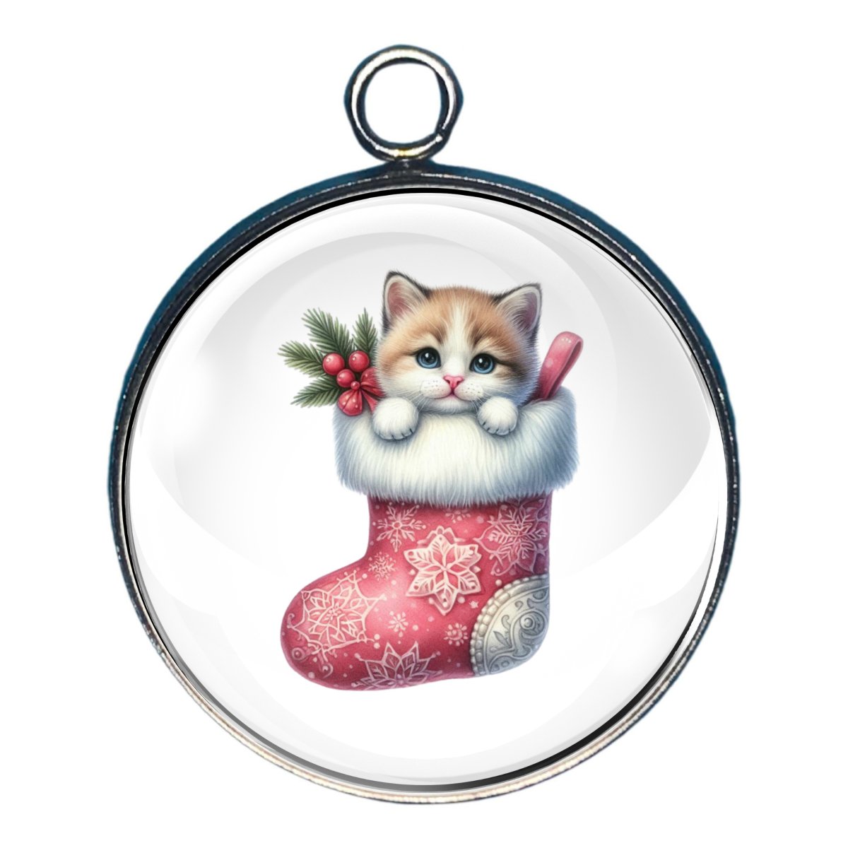 Kitty Christmas Stocking Glass Cabochon Charm