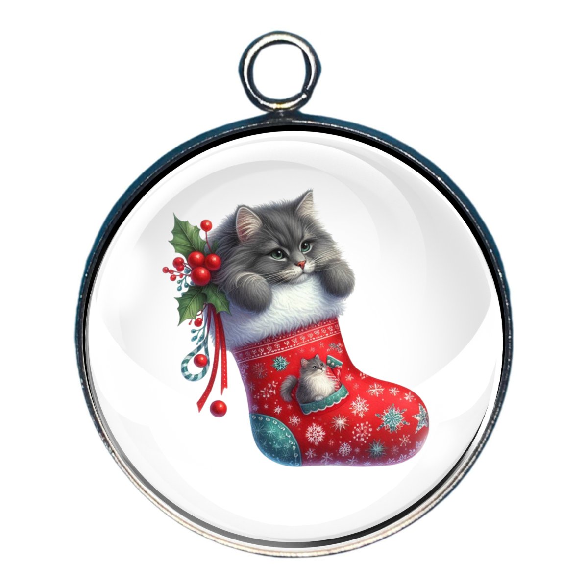 Kitty Christmas Stocking Glass Cabochon Charm