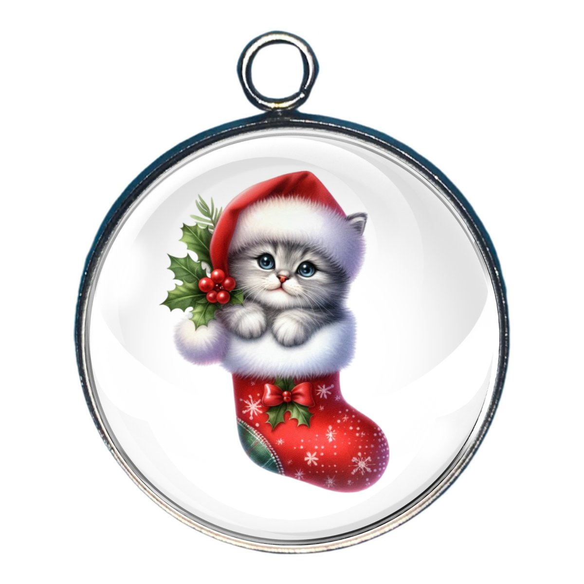 Kitty Christmas Stocking Glass Cabochon Charm