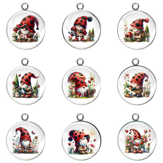 9  Ladybug gnome glass cabochon charms