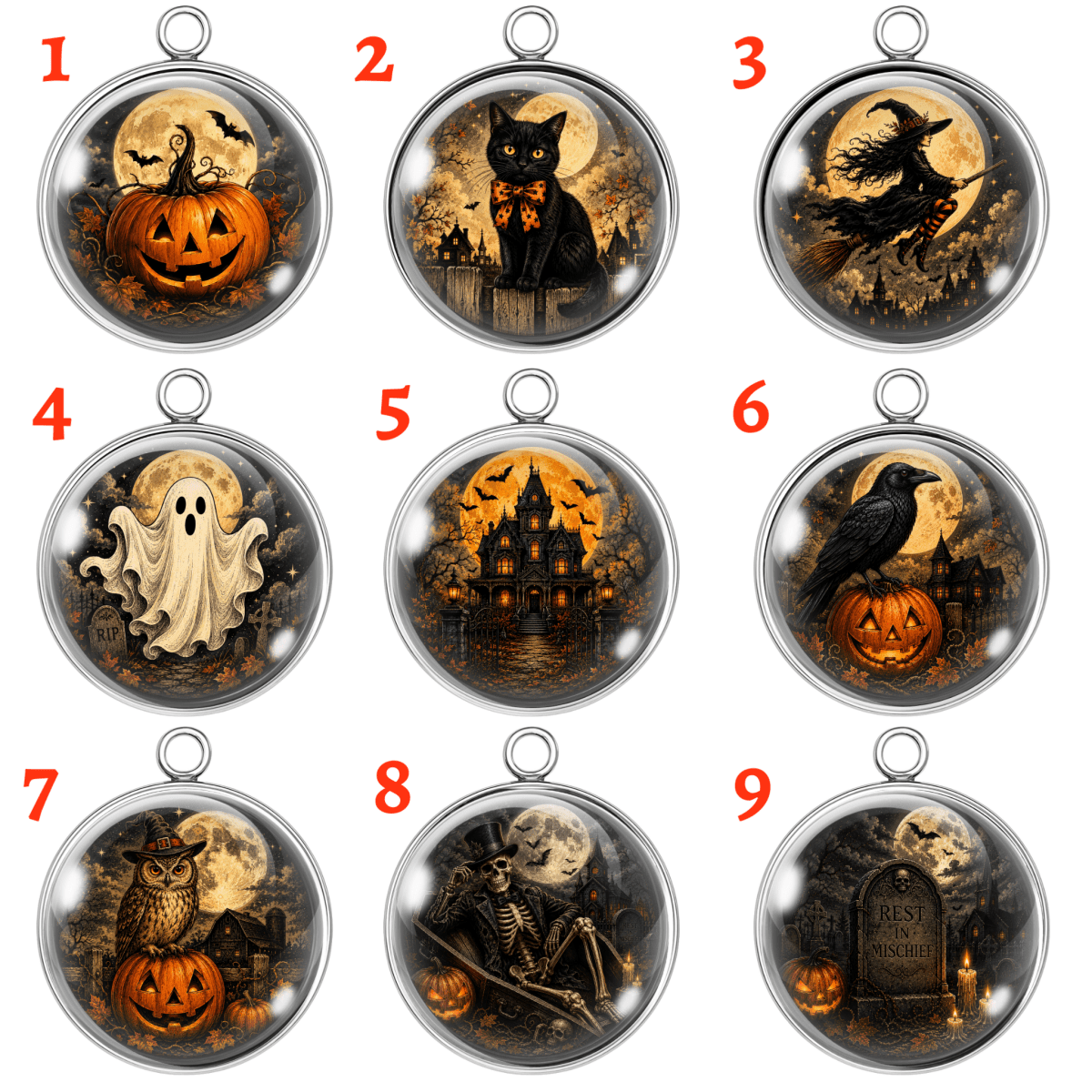 Nine Halloween-themed round pendant designs arranged in a 3x3 grid on a white background, each labeled with a red number from 1 to 9. The pendants feature spooky illustrations including pumpkins, a black cat, a witch, ghosts, a haunted house, crows, an owl, a skeleton, and a tombstone.