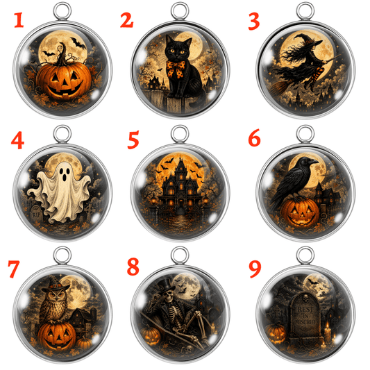 Nine Halloween-themed round pendant designs arranged in a 3x3 grid on a white background, each labeled with a red number from 1 to 9. The pendants feature spooky illustrations including pumpkins, a black cat, a witch, ghosts, a haunted house, crows, an owl, a skeleton, and a tombstone.