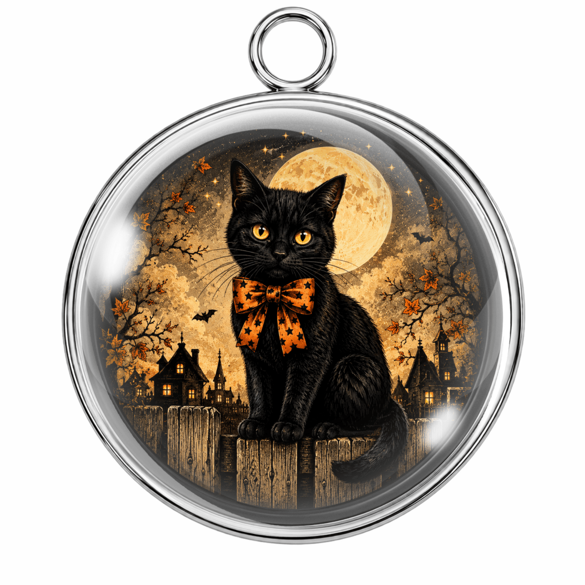 A round glass pendant with a silver metal rim and hanging loop, featuring a printed illustration of a black cat wearing an orange bow tie, set against a spooky moonlit background with houses and trees.