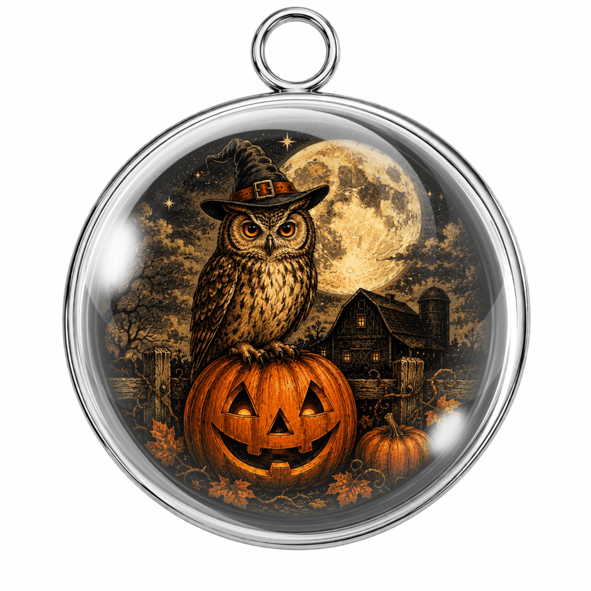 Round silver-toned pendant with a clear domed cover featuring a Halloween illustration of an owl in a witch hat perched on a carved pumpkin, with a full moon, barn, and autumn scene inside.