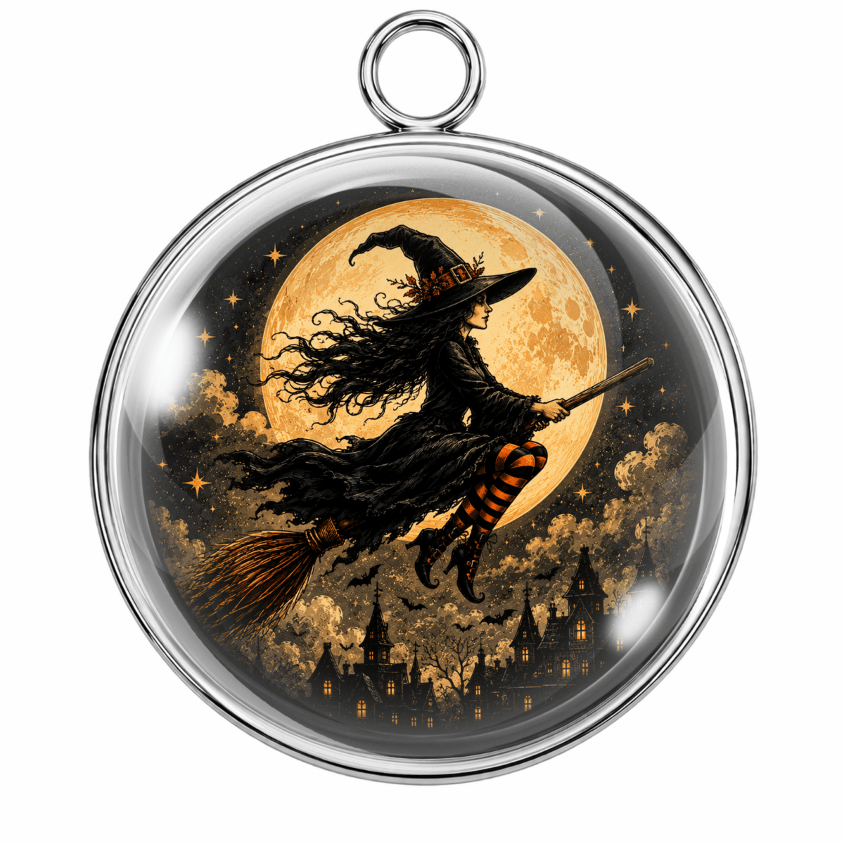Round silver-toned pendant with a clear domed center showing a witch riding a broomstick in front of a large full moon above a haunted castle, on a white background.