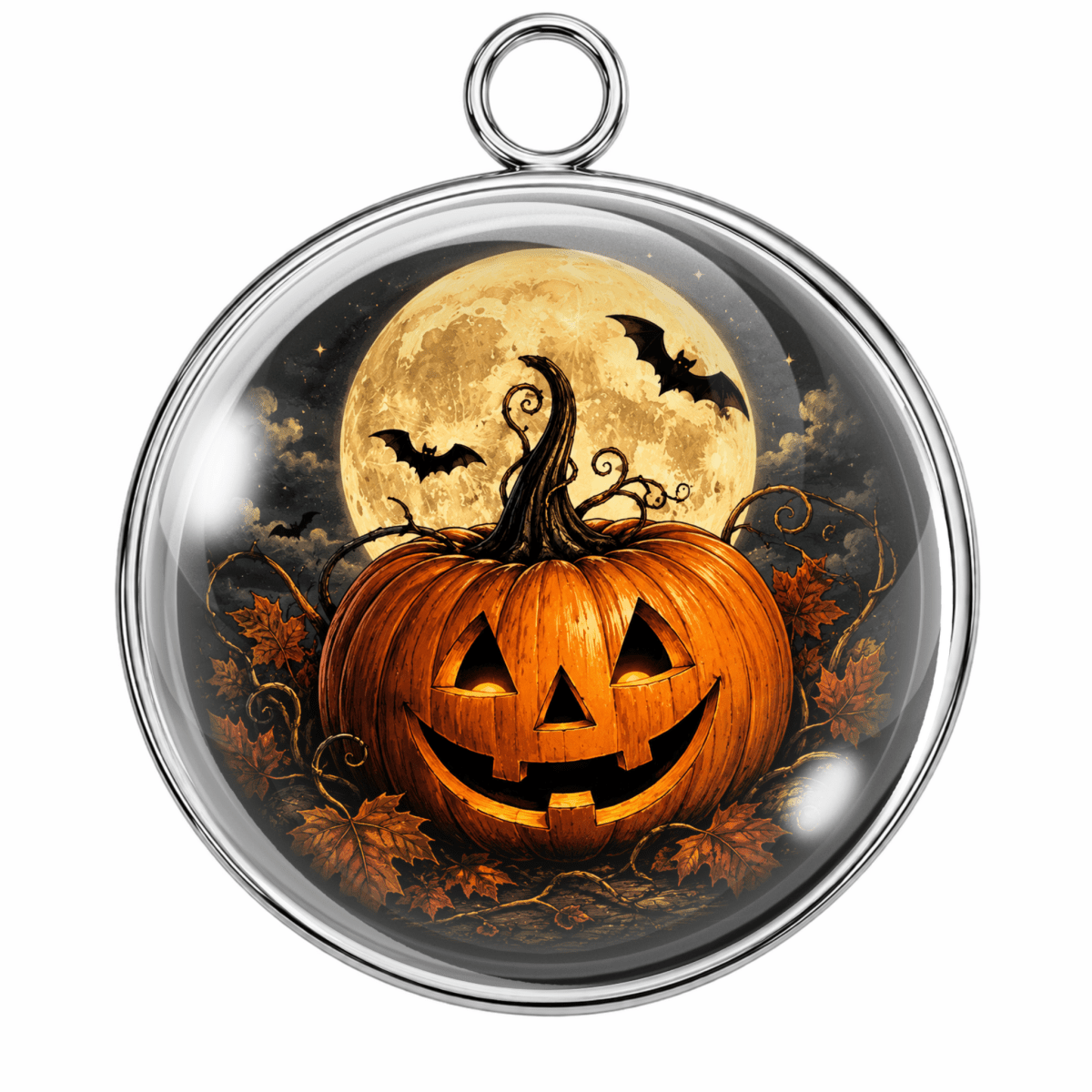Round silver-toned pendant with a clear domed cover featuring a Halloween scene: a carved orange pumpkin in front of a full moon, with bats and dark leaves around it.