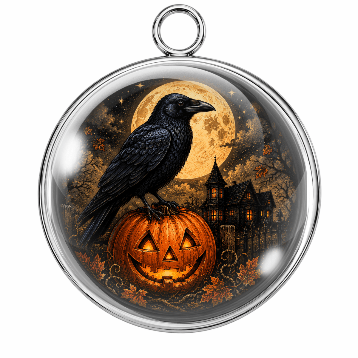 A round silver-toned pendant or ornament featuring a Halloween scene with a black raven perched on a carved orange pumpkin in front of a full moon and haunted house.