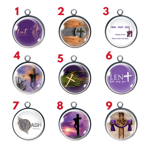 Group of charms of Lent season faith symbols including crosses, ashes, prayer, and renewal