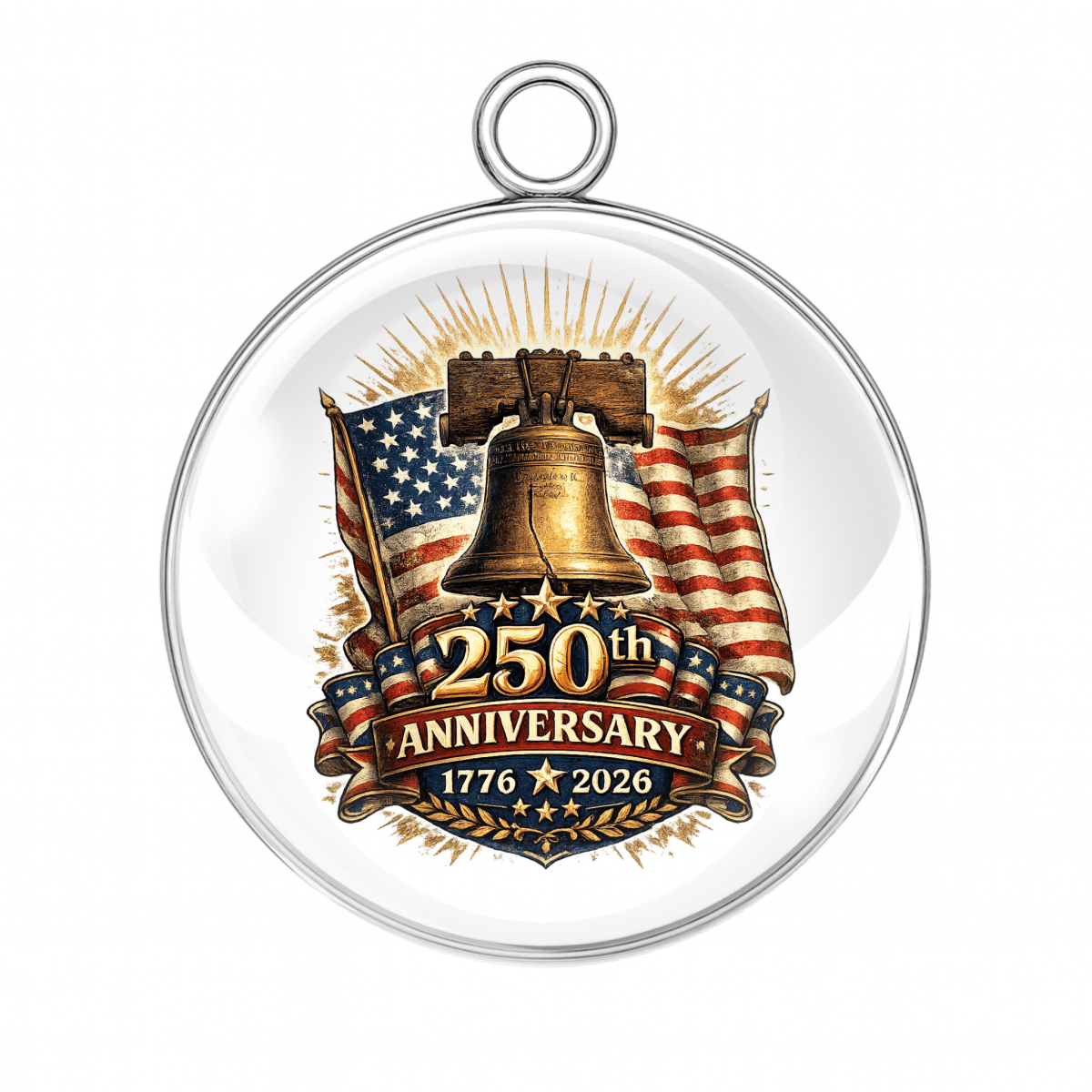 Circular ornament with American flag, liberty bell, and '250th Anniversary 1776-2026' text on a white background.